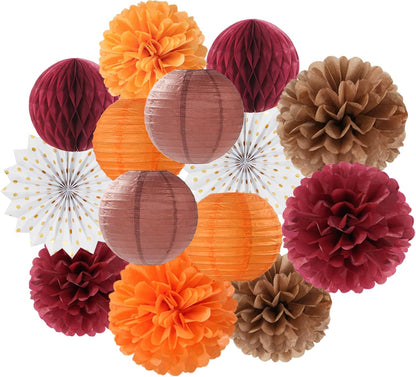 Fall Boho Baby-Shower Party-Decorations Streamers-Lanterns - 14pc Autumn Harvest Brown Orange