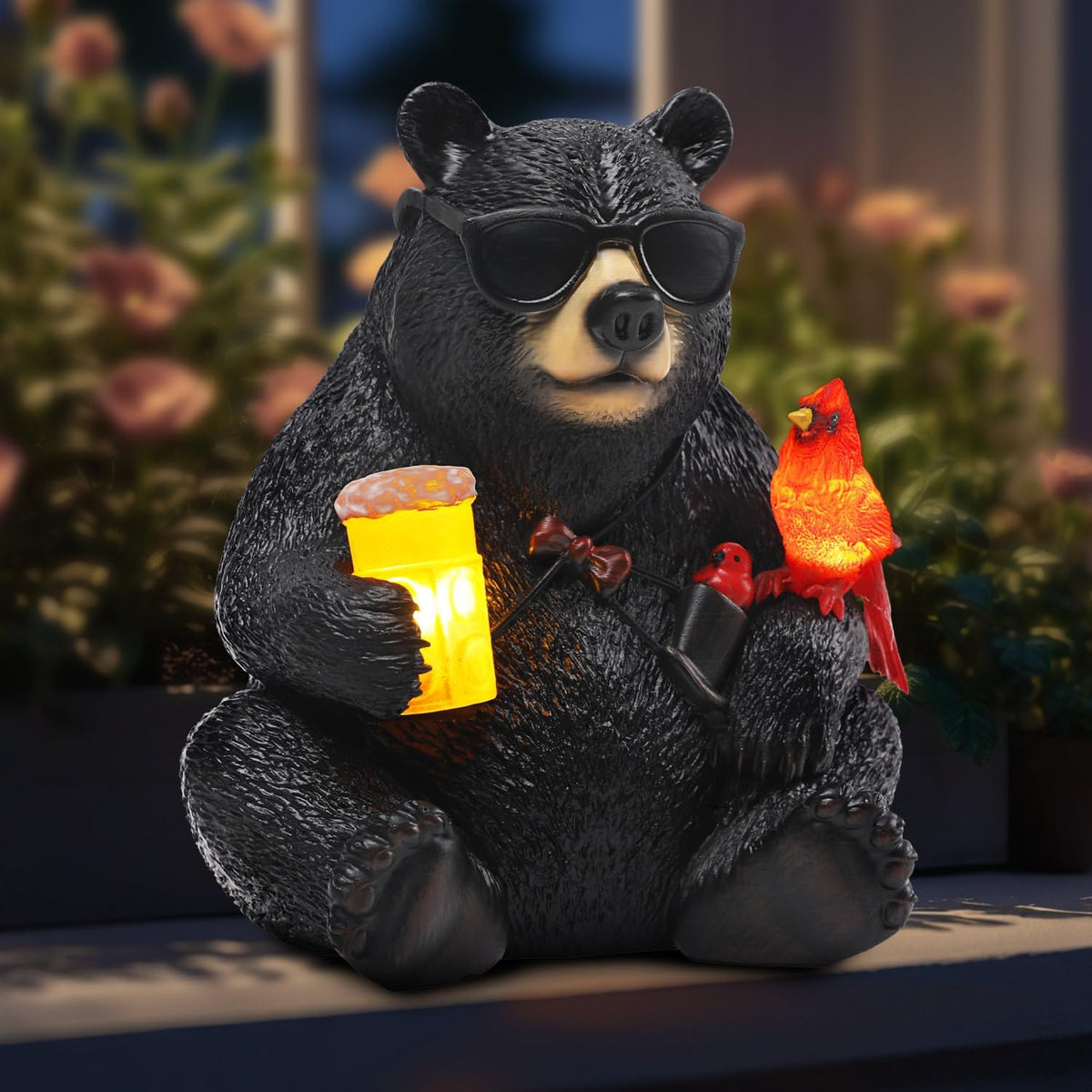 Solar Black Bear Statue for Garden with Beer and Cardinals 6.3" Resin Garden Statues for Outside