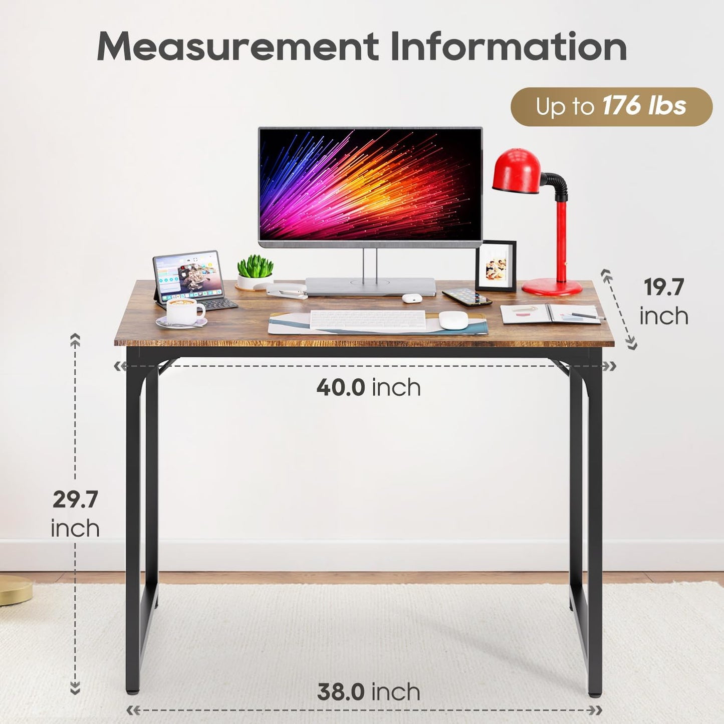 PayLessHere | 39 Inch Computer Desk | Brown | Office Desk with Metal Frame, Adjustable Feet |