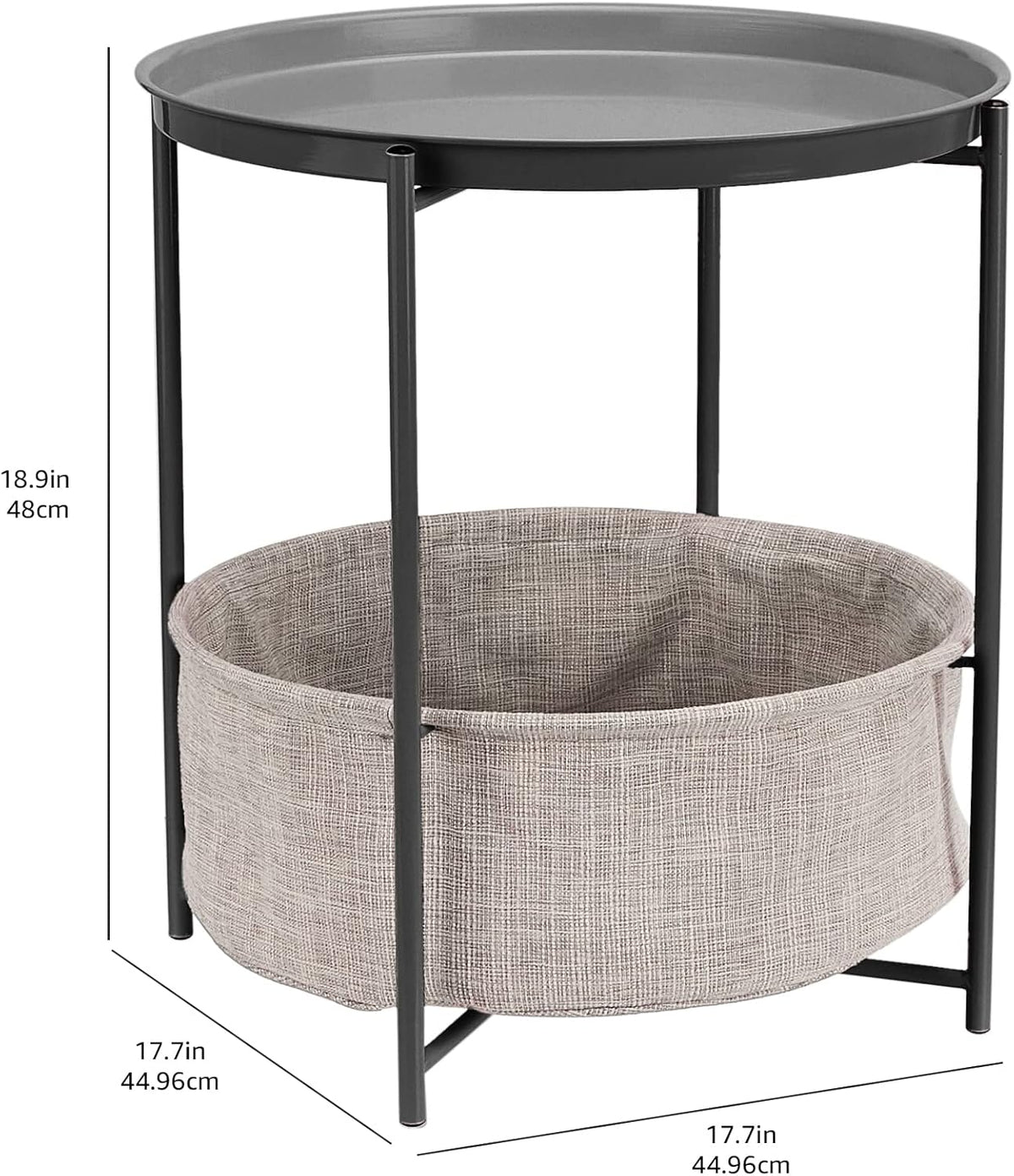 Amazon Basics Round Storage End Table, Side Table with Cloth Basket, Charcoal/Heather Gray, 17.7 x