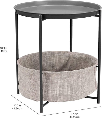 Amazon Basics Round Storage End Table, Side Table with Cloth Basket, Charcoal/Heather Gray, 17.7 x