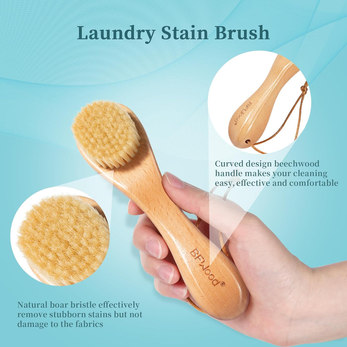 BFWood 2PCS Laundry Stain Brush - Natural Soft Boar Bristles, Removes Tough Stains from Delicate