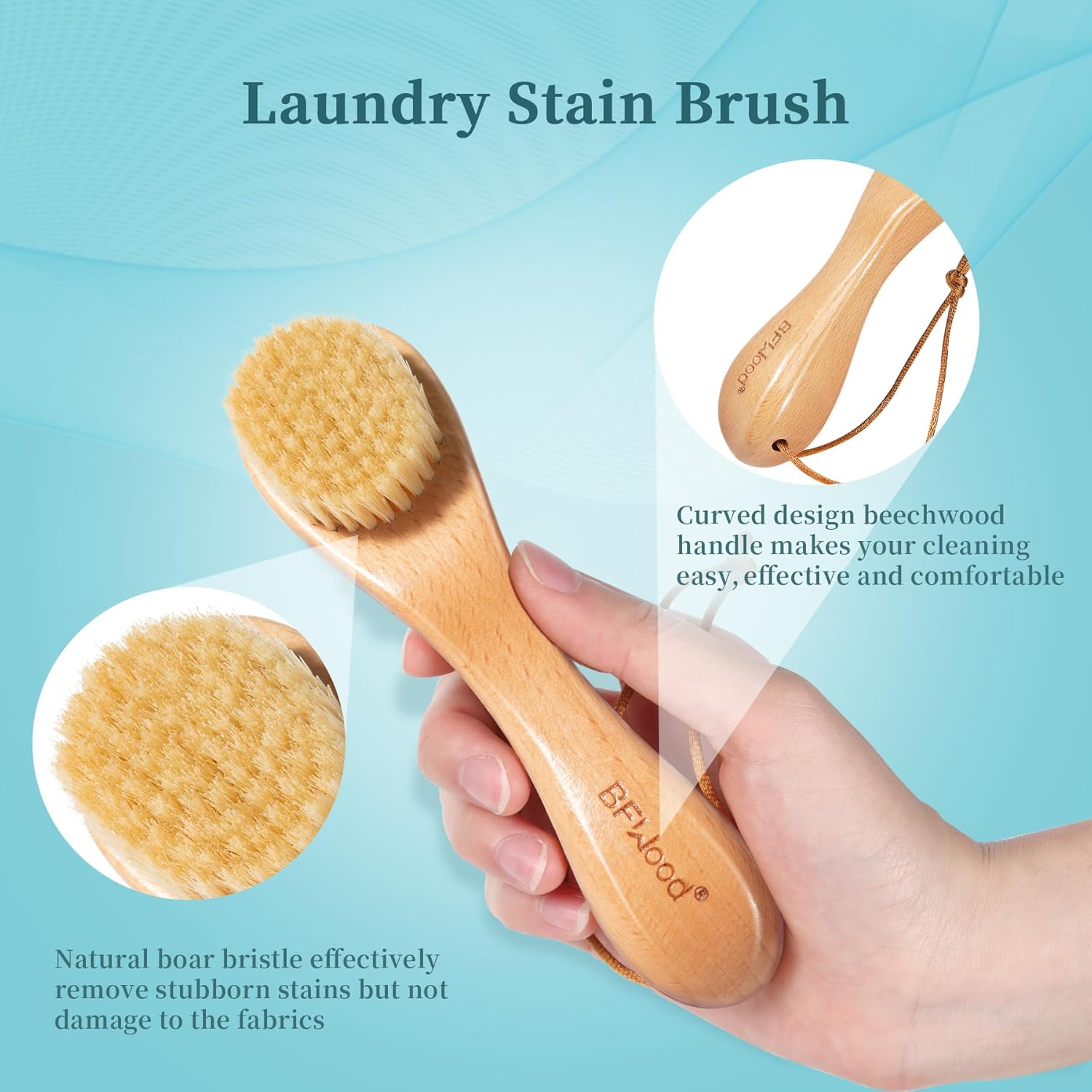 BFWood 2PCS Laundry Stain Brush - Natural Soft Boar Bristles, Removes Tough Stains from Delicate