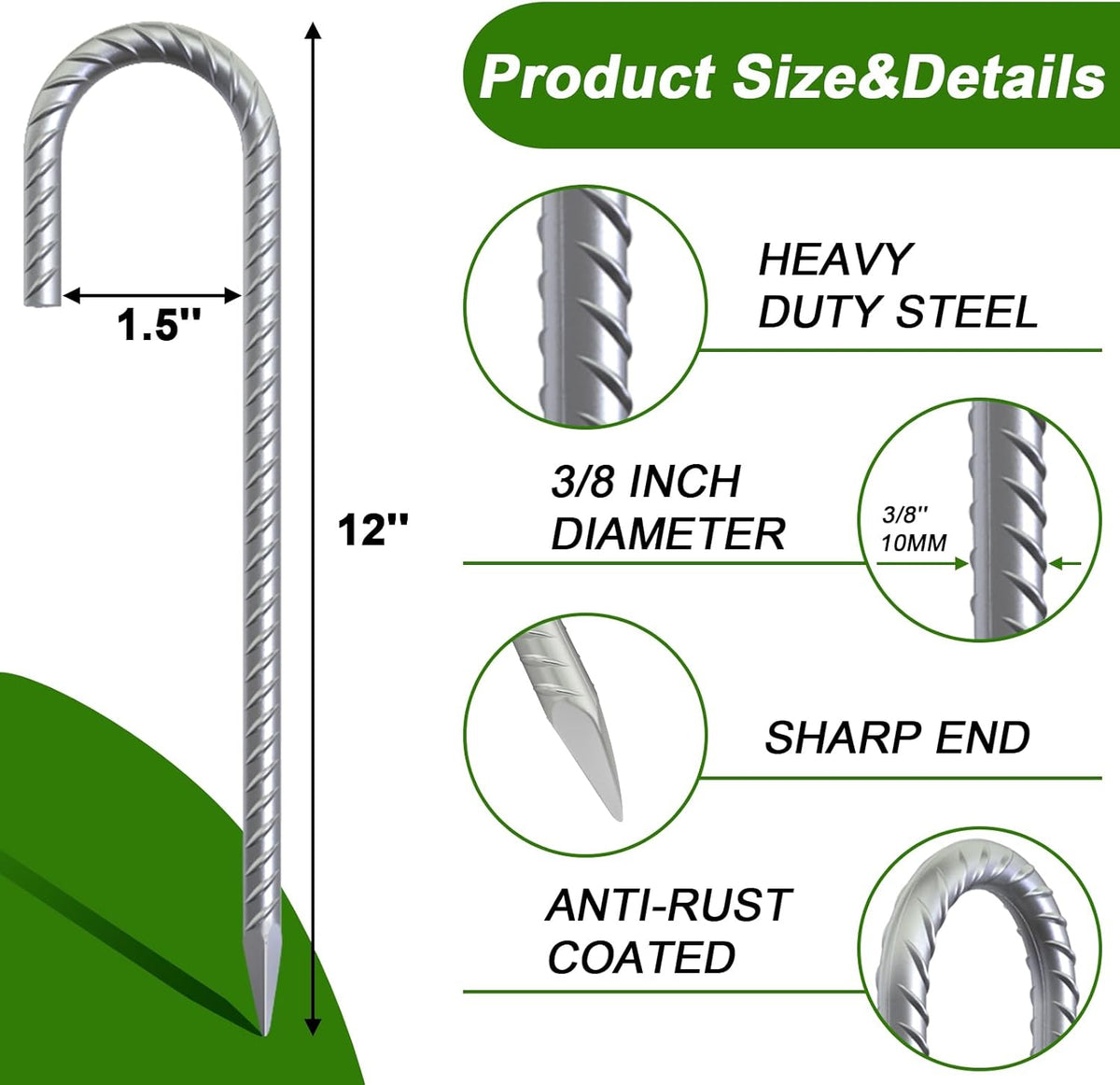 AAGUT Rebar Stakes 32 Pack 12'' Ground Stakes 3/8" Heavy Duty J Hook Anchors, Plant Support Garden