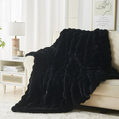 Lotus Karen Faux Fur Throw Blanket Black - Big Bubble Rabbit Fluff Blanket for Couch, Small Fluffy