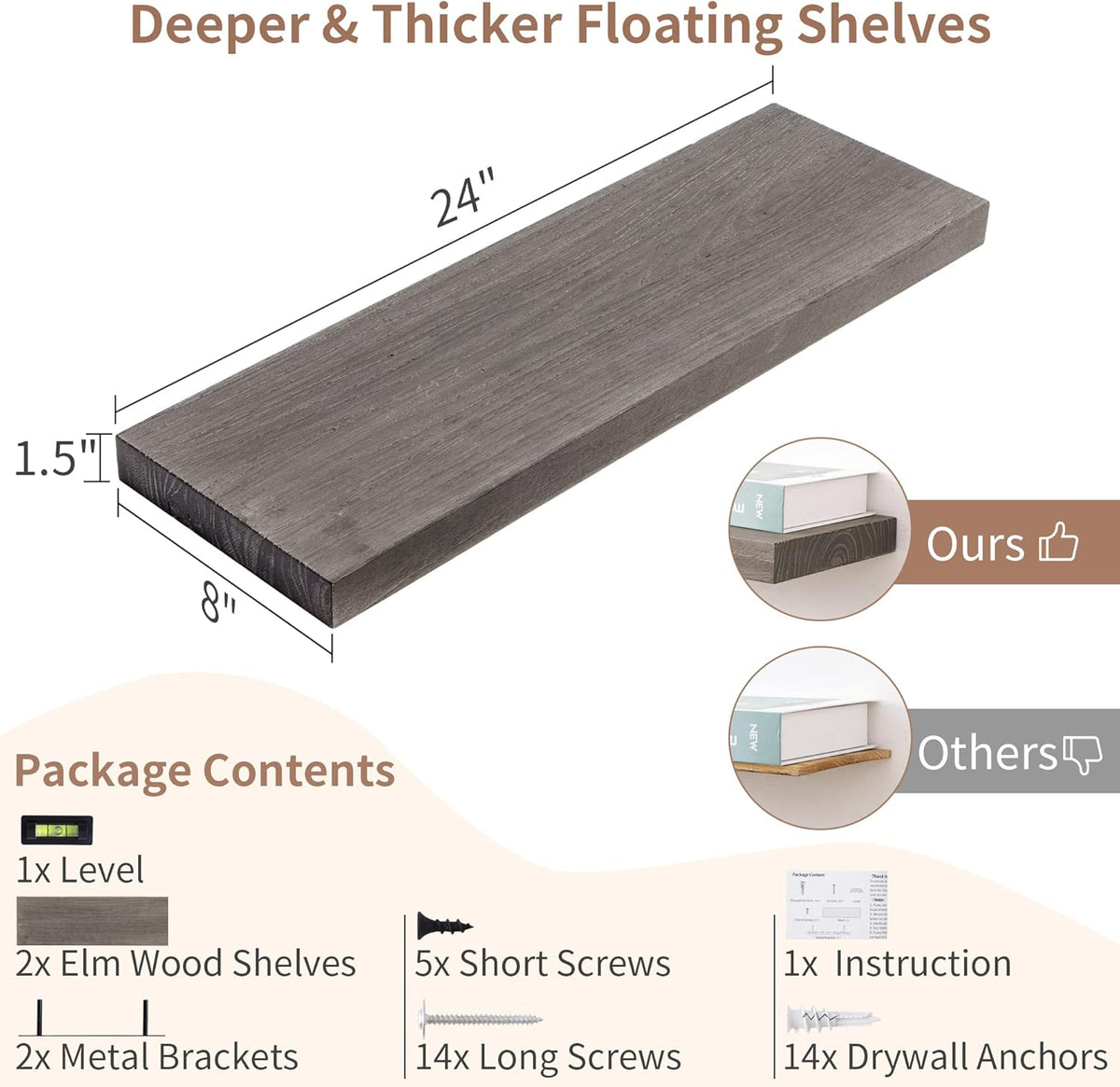 Axeman Floating Shelves for Wall, 24''W x 8'' D Rustic Solid Elm Wood Shelves for Storage, Wall