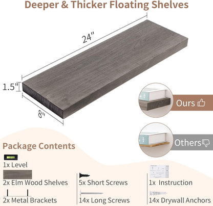 Axeman Floating Shelves for Wall, 24''W x 8'' D Rustic Solid Elm Wood Shelves for Storage, Wall