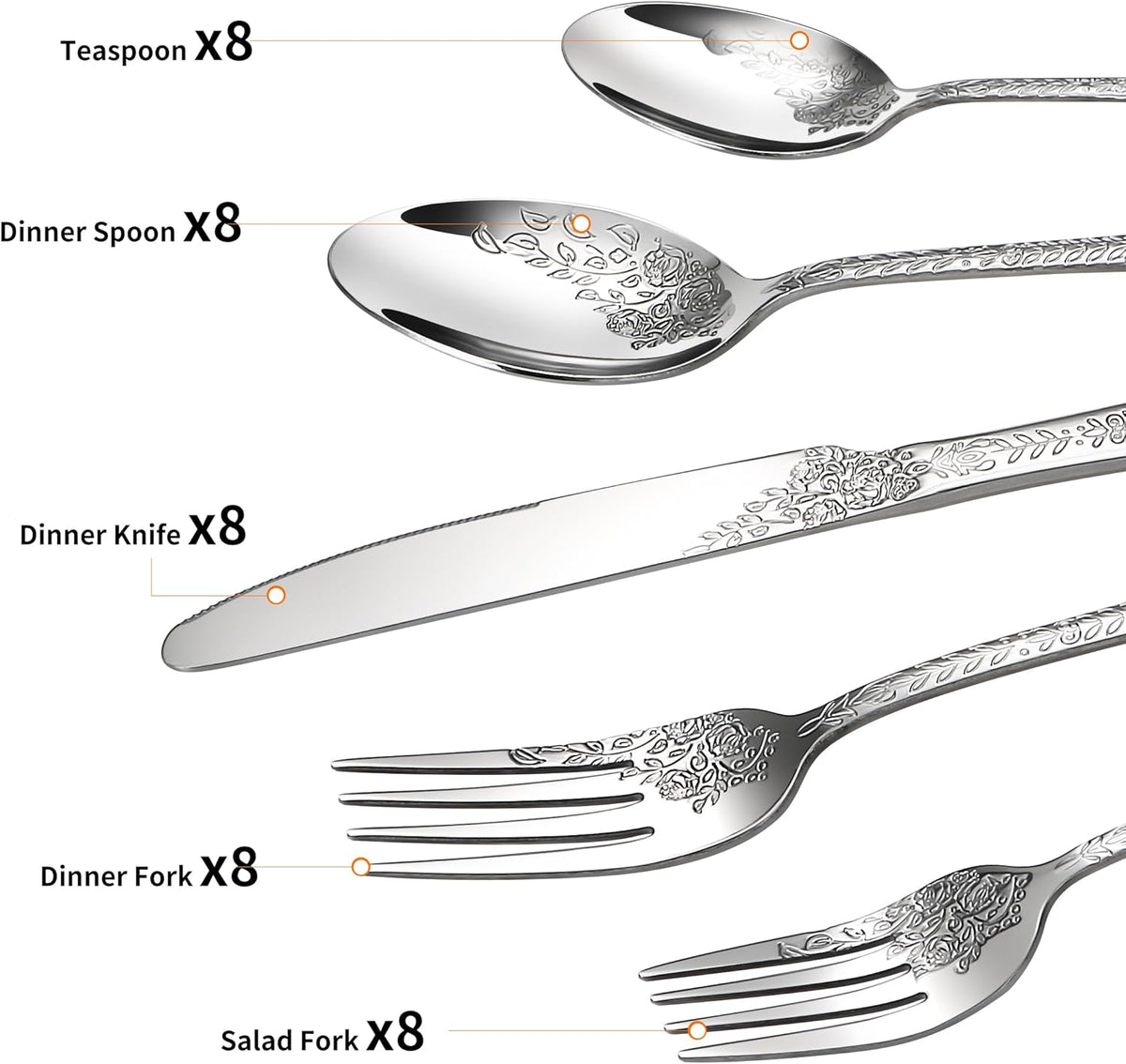 Floral 40 Pcs Silverware Set for 8, Food Grade Stainless Steel Flatware Set with Rose Flower