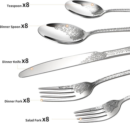 Floral 40 Pcs Silverware Set for 8, Food Grade Stainless Steel Flatware Set with Rose Flower