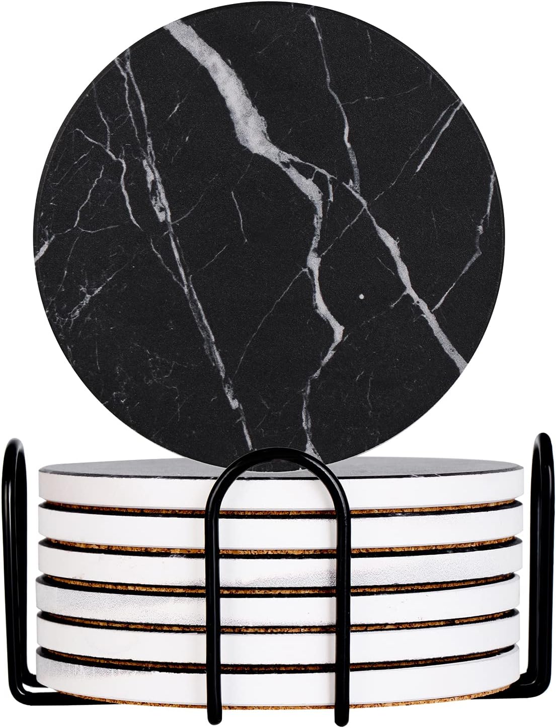 Drink Coasters with Holder Absorbent Ceramic Coasters Set of 6 Black Marble Style, 4 Inches