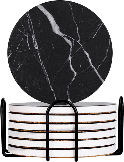 Drink Coasters with Holder Absorbent Ceramic Coasters Set of 6 Black Marble Style, 4 Inches