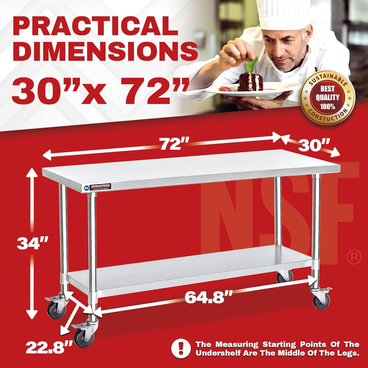DuraSteel 30x72 NSF Stainless Steel Cart - Heavy Duty Food Prep Table with Undershelf - Rolling