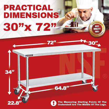 DuraSteel 30x72 NSF Stainless Steel Cart - Heavy Duty Food Prep Table with Undershelf - Rolling
