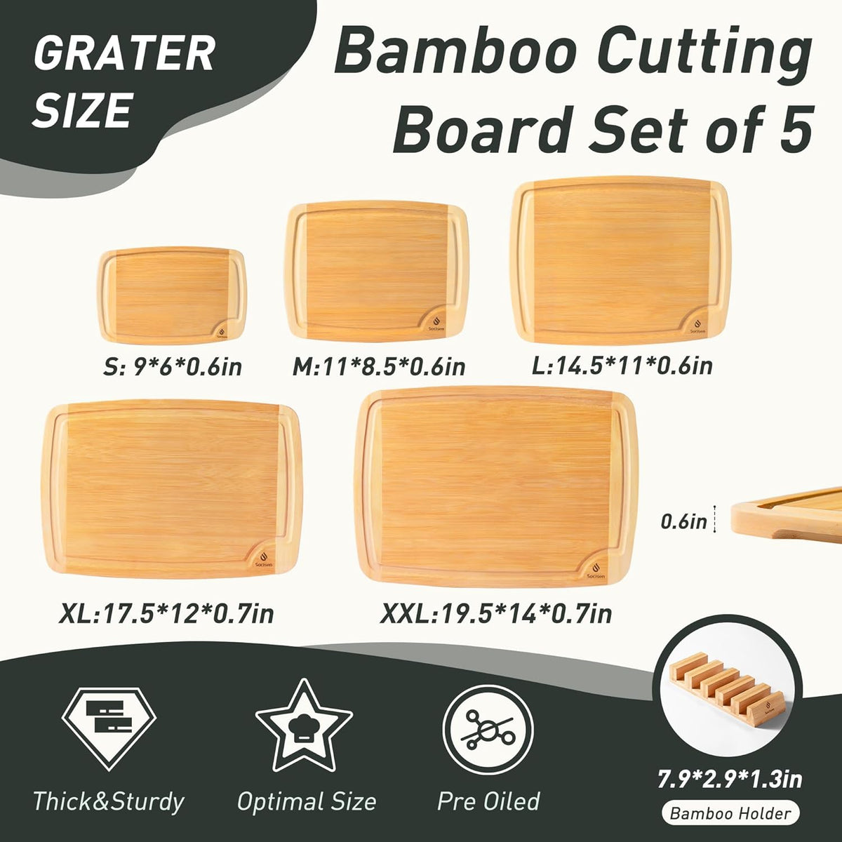 Bamboo Cutting Board Set Non Slip Feet with Holder Over Sink Wooden Cutting Boards Eating Grilling