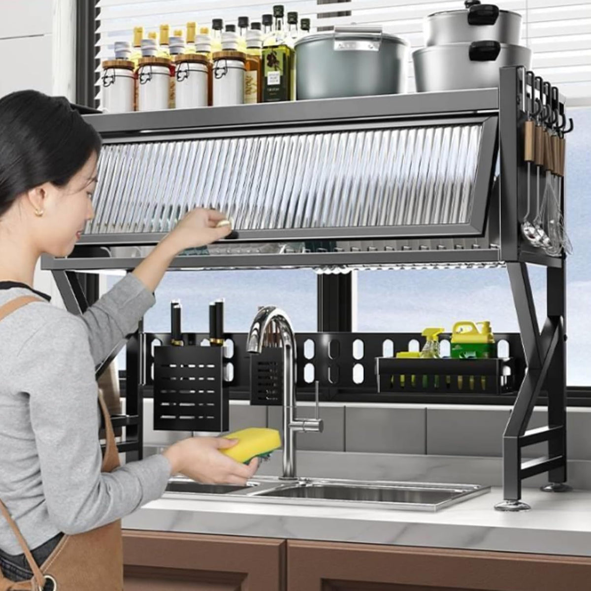 Kitchen sink rack dishwashing sink countertop dustproof cupboard storage multifunctional tableware