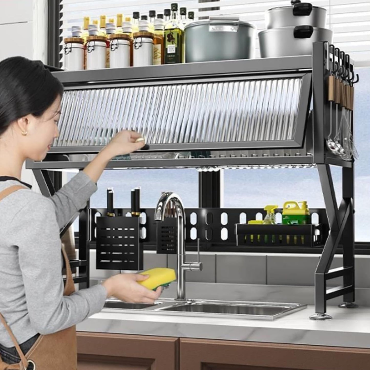Kitchen sink rack dishwashing sink countertop dustproof cupboard storage multifunctional tableware