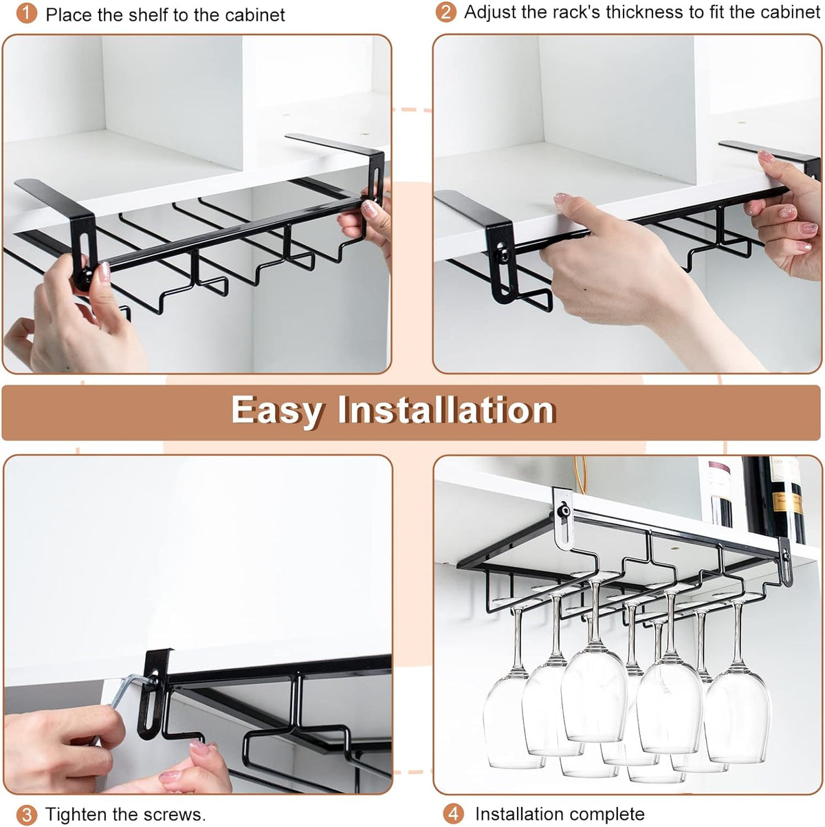 AUHOKY 2Pcs Adjustable Wine Glass Rack Under Cabinet, Punch-Free 3 Rows Stemware Metal Holder
