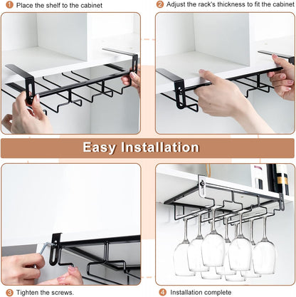 AUHOKY 2Pcs Adjustable Wine Glass Rack Under Cabinet, Punch-Free 3 Rows Stemware Metal Holder