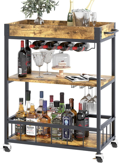 Bar Cart Serving Wine 3 Tier Home Rolling Rack with Wheels Mobile Kitchen Industrial Vintage Style