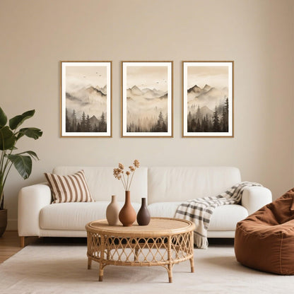 Celestdeco Nature Misty Forest Framed Canvas Wall Art Set, Foggy Landscape Wall Decor, Watercolor