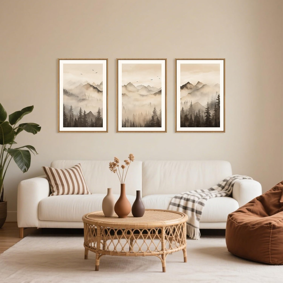 Celestdeco Nature Misty Forest Framed Canvas Wall Art Set, Foggy Landscape Wall Decor, Watercolor