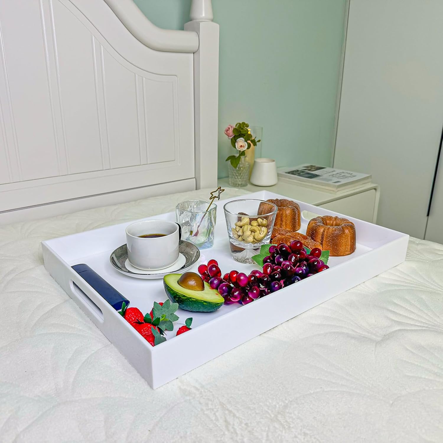 White Rectangular 14x20 Inches Acrylic Ottoman Tray Decorative Serving Tray with Cutout Handles