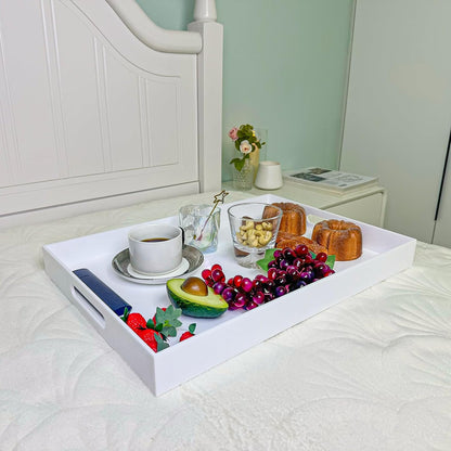 White Rectangular 14x20 Inches Acrylic Ottoman Tray Decorative Serving Tray with Cutout Handles
