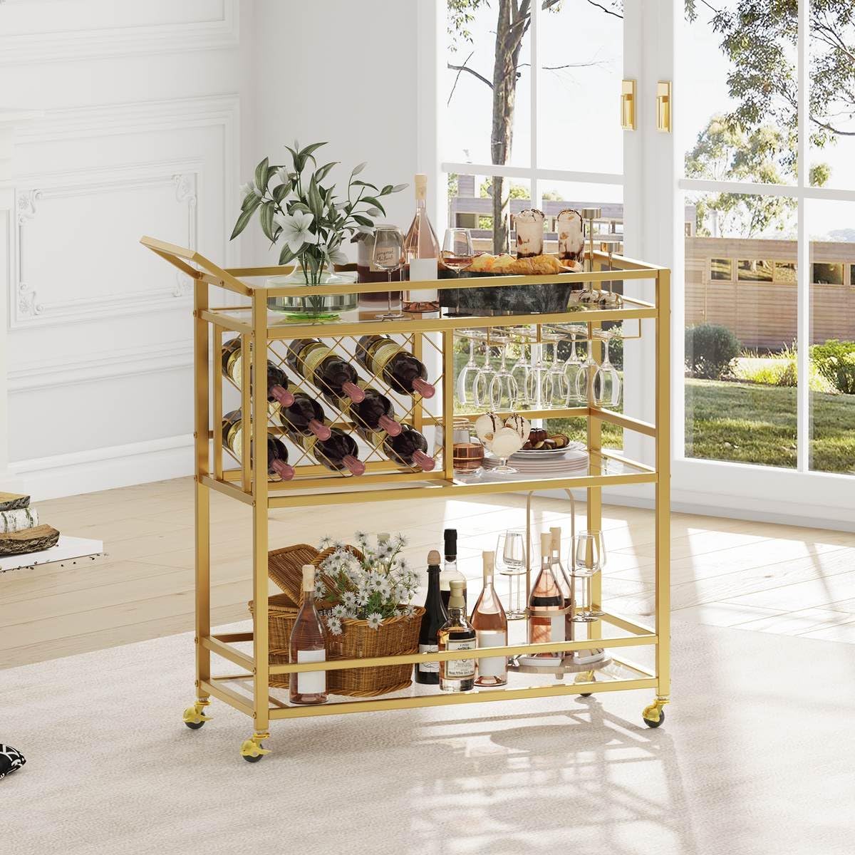 FATORRI Bar Cart Gold, Home Bar Serving Cart with Wine Rack and Glasses Holder, Wine Carts on