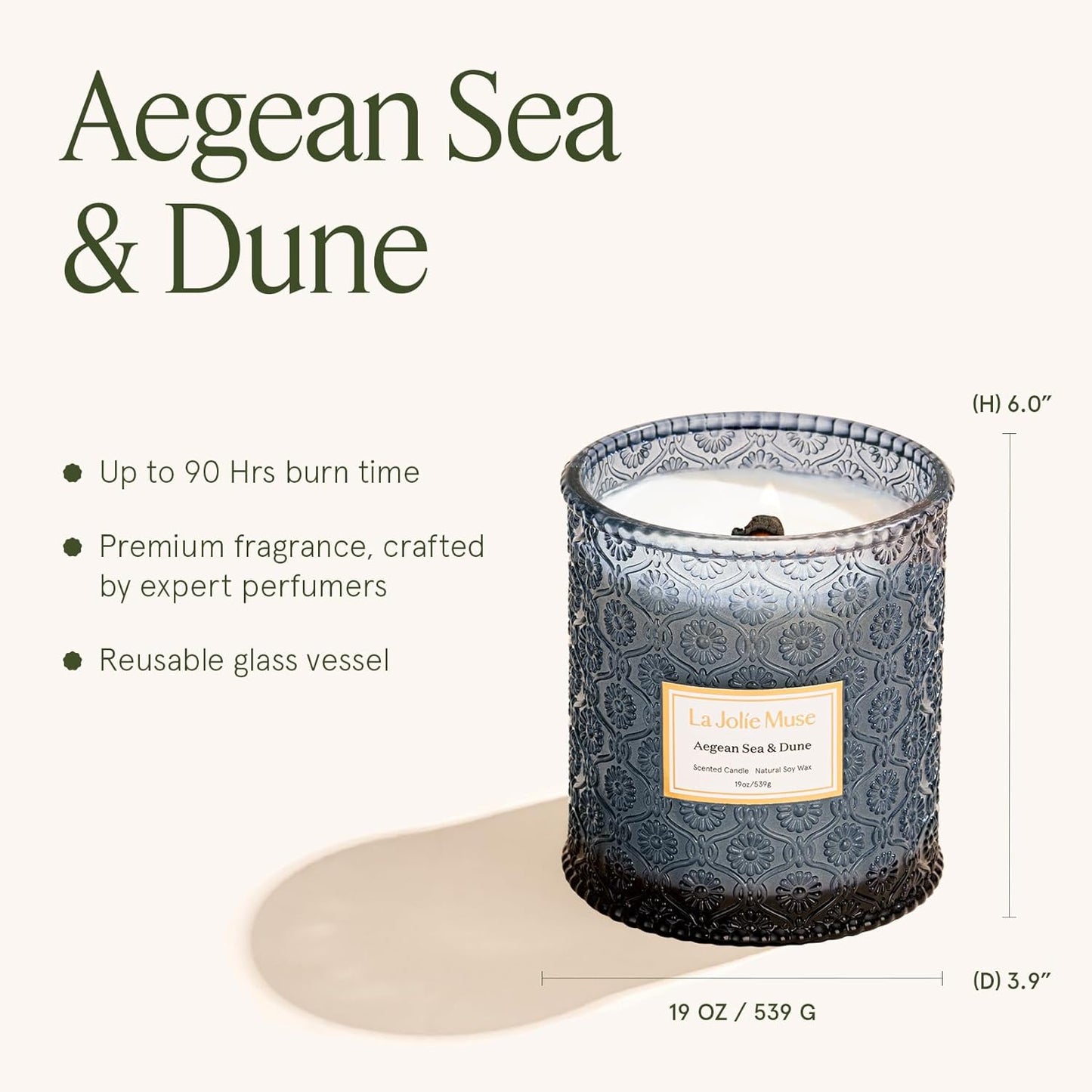LA JOLIE MUSE Aegean Sea & Dune Candle –Cool Water, White Florals & Warm Amber | 19 oz Large Wooden