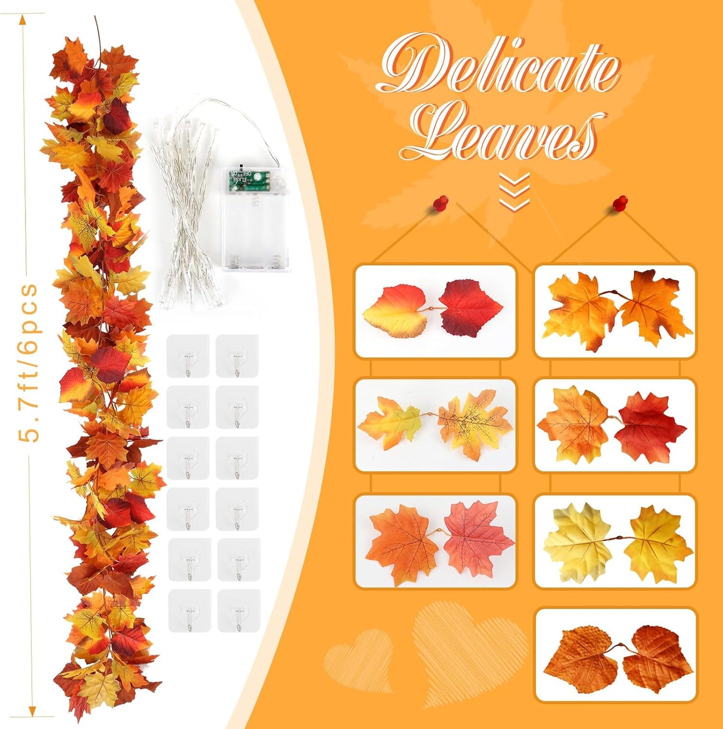Joyhalo 6 Pack Fall Garland with Lights, Fall Leaves for Mantle, Outdoor Lighted Up Leaf Garland