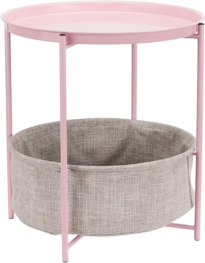 Amazon Basics Round Storage End Table, Side Table with Cloth Basket, Dusty Pink, 17.7"D x 17.7"W x
