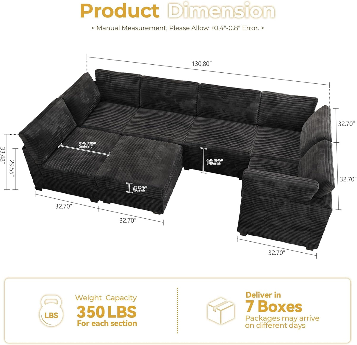 HOOOWOOO Modular Sectional Sofa,7 Pieces Sectional Couches for Living Room,131X66 U Shaped Cloud