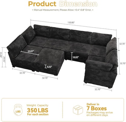 HOOOWOOO Modular Sectional Sofa,7 Pieces Sectional Couches for Living Room,131X66 U Shaped Cloud