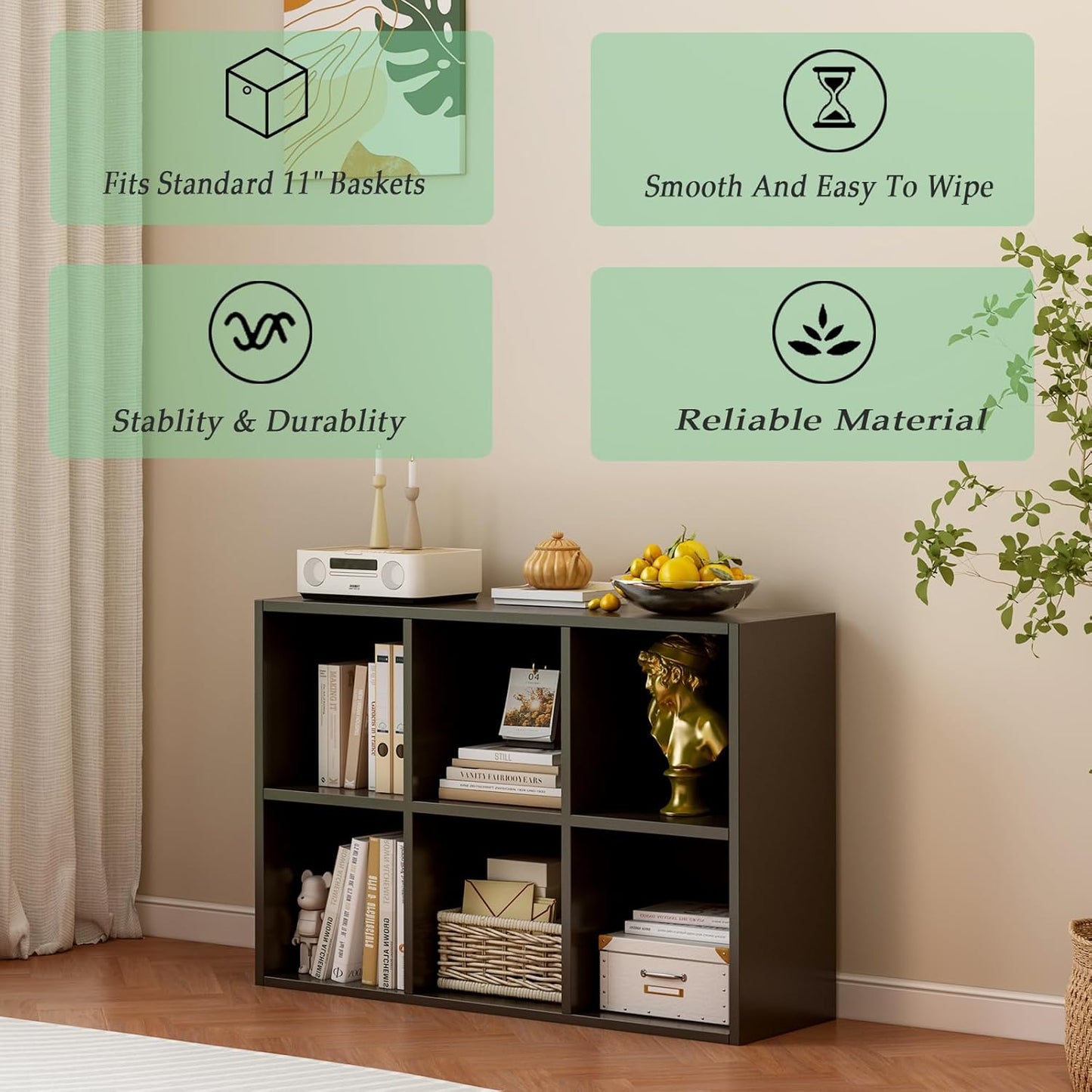 6-Cube Storage Shelf Bookcase - Wooden 3-Tier Floor Standing Open Bookshelf for Home and Office