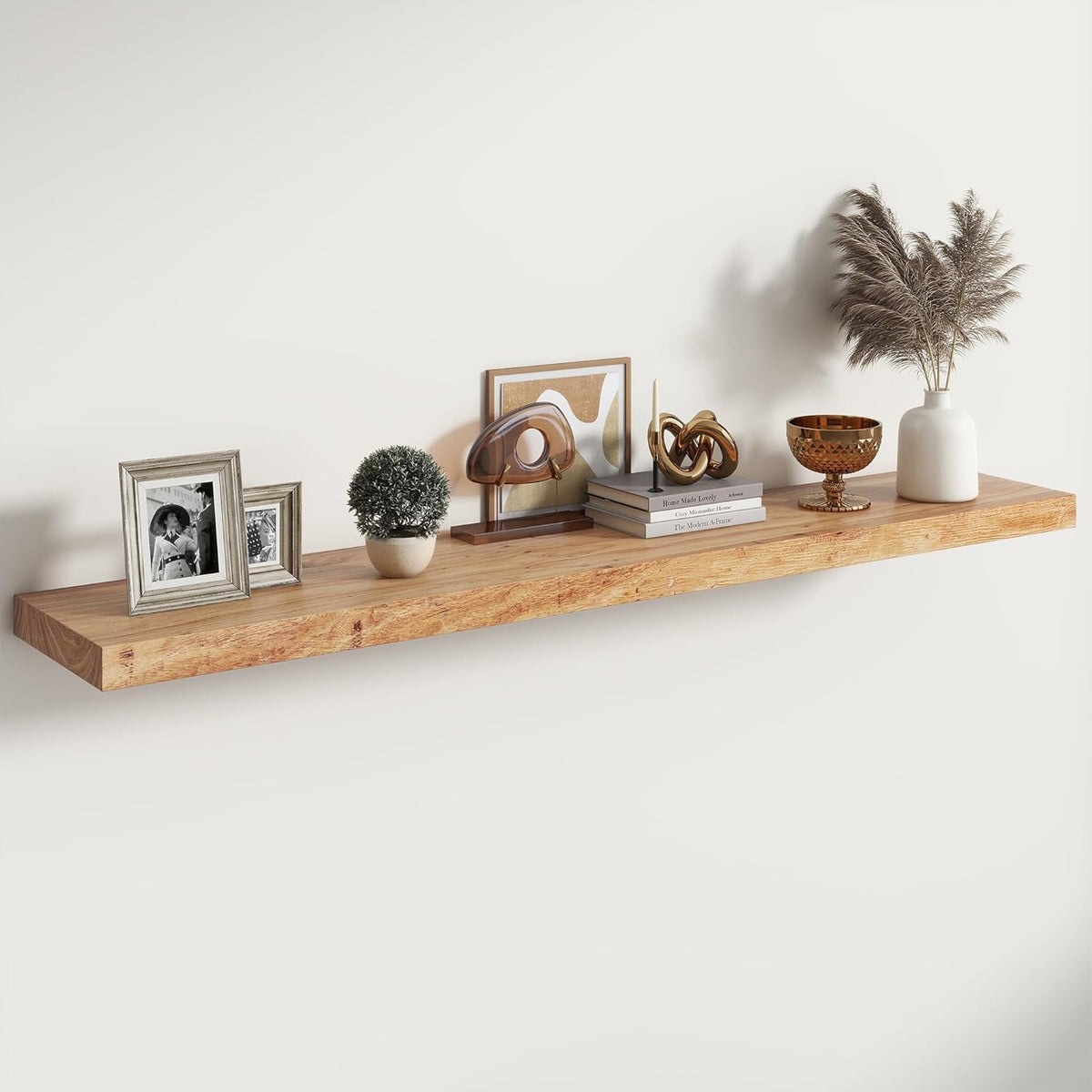 RICHFOCUS Elm Floating Shelves for Wall - 55" W x 9.3" D Rustic Solid Wood Shelves with Invisible
