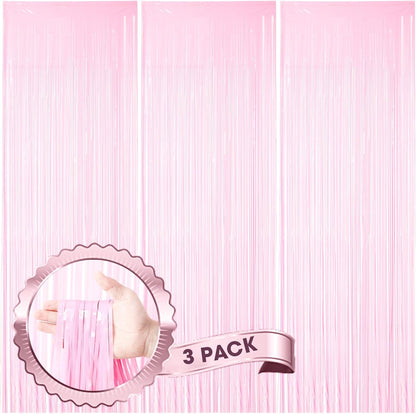 3 Pack 3.3 x 8.2 ft Pasel Pink Foil Fringe Backdrop Curtains, Tinsel Streamers Birthday Party