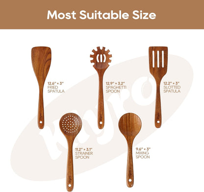 Teak Kitchen Utensils Set, 5 Piece Premium Wooden Cooking Utensils Set, Non-Stick Heat-Resistant