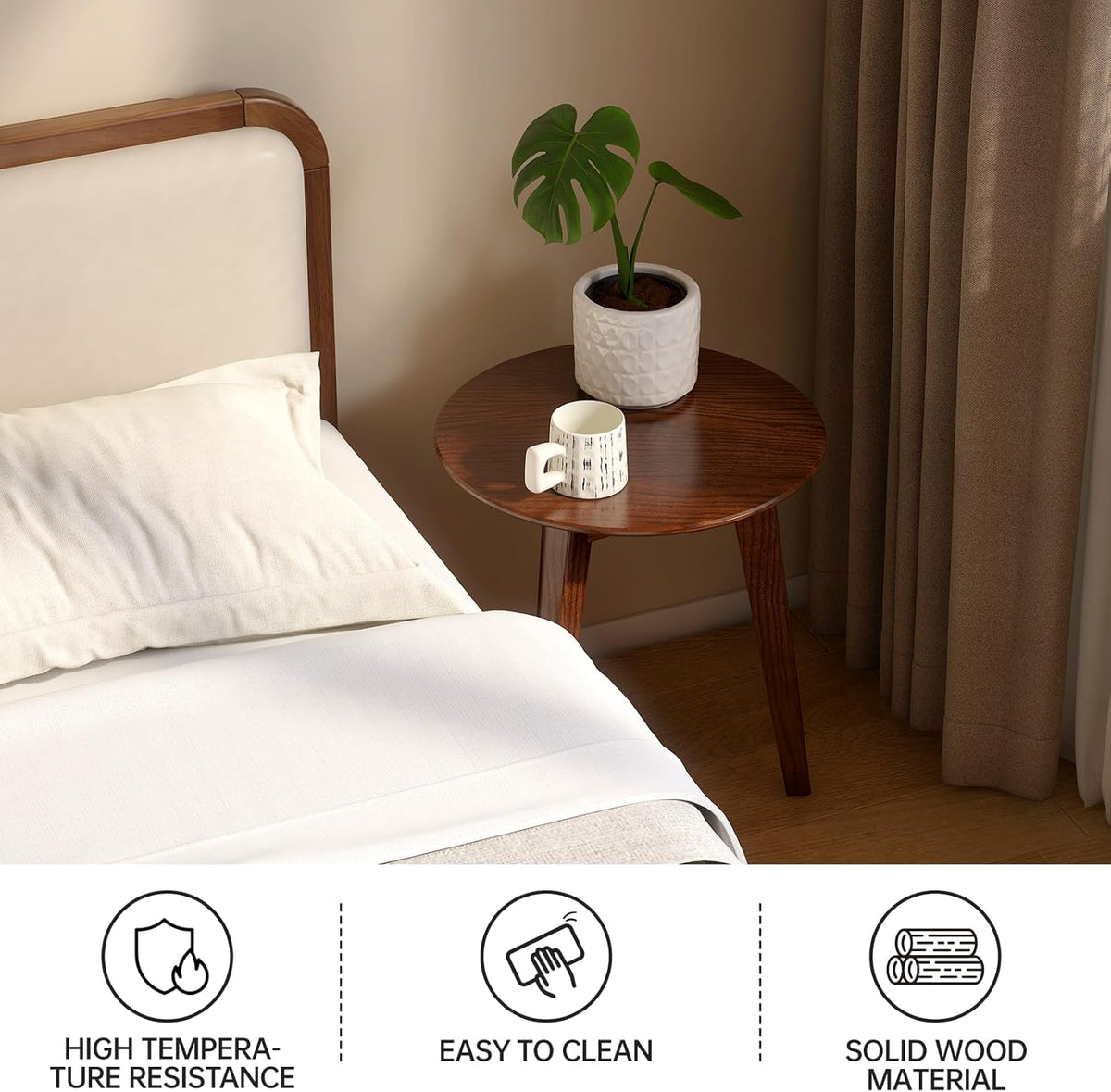 100% Solid Oak Round Side Table, Small Bedside Table for Small Spaces, Living Room End Table with