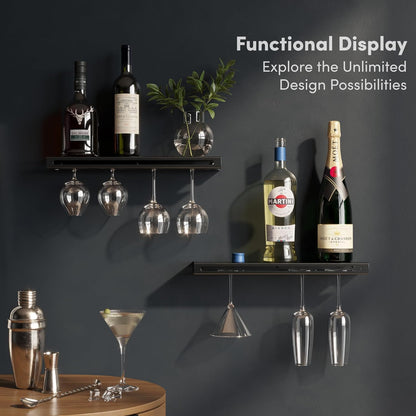 Wall Mounted Wine Rack – Metal Floating Bar Shelf with Bottle and Glass Holder, Holds 5 Bottles and