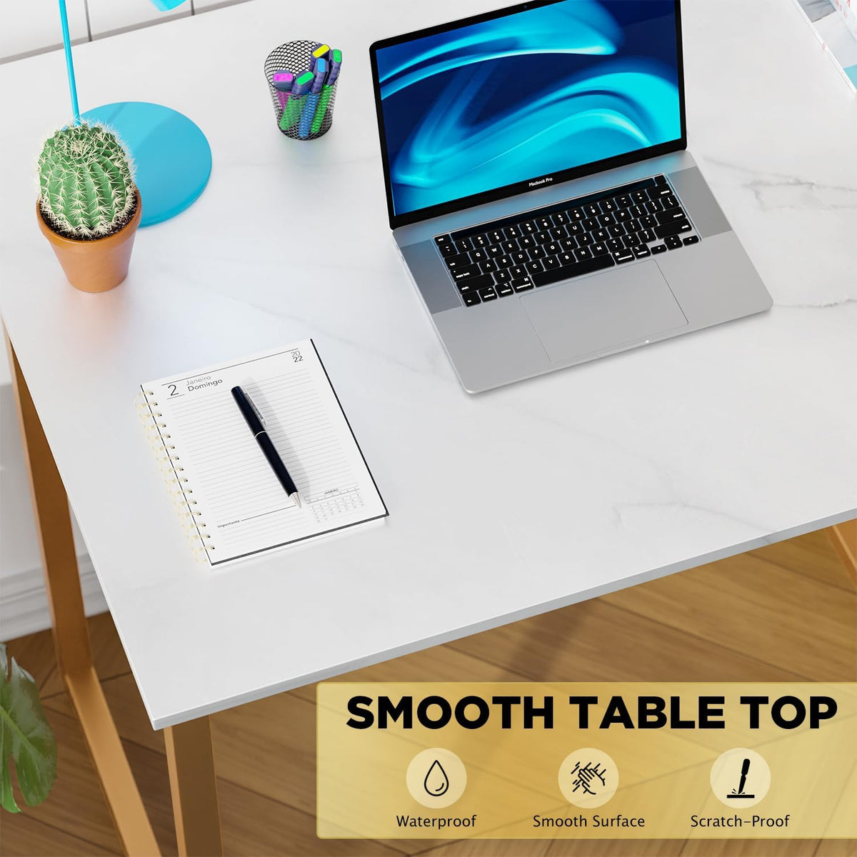 PayLessHere | 32 Inch Computer Desk | White Gold | Office Desk with Metal Frame, Adjustable Feet |