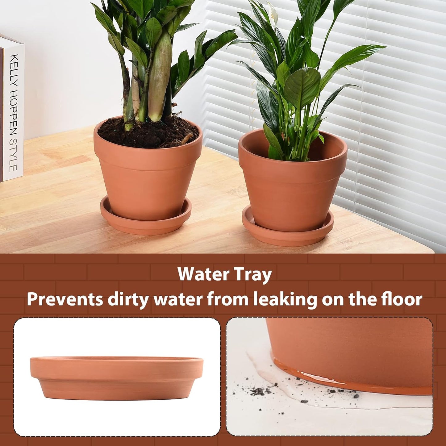 INGOFIN Terracotta Pots Set with Saucer - 2-Pack Ceramic Clay Planters with Drainage Hole, Garden