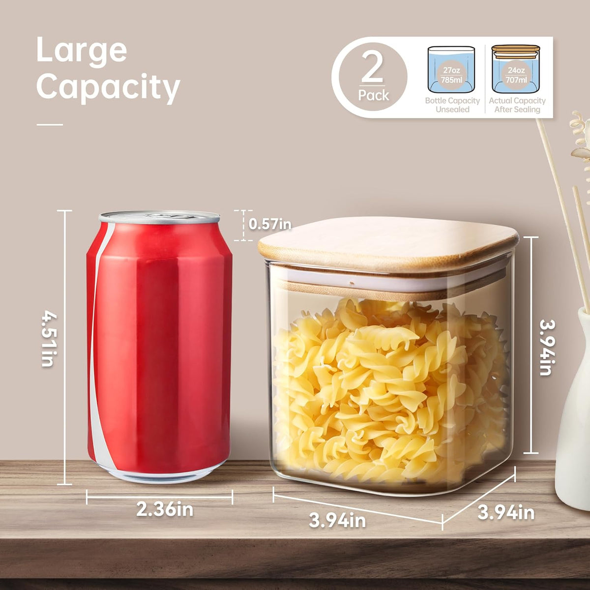 Square Glass Jars with Bamboo Lids 27 FL OZ [Set of 6], Glass Canisters with Airtight Lids, Glass