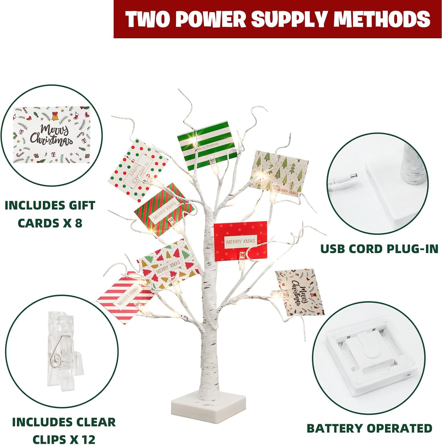 EAMBRITE Christmas Tree with Gift Cards, Money Tree Gift Holder, White Lighted Birch Tree Tabletop