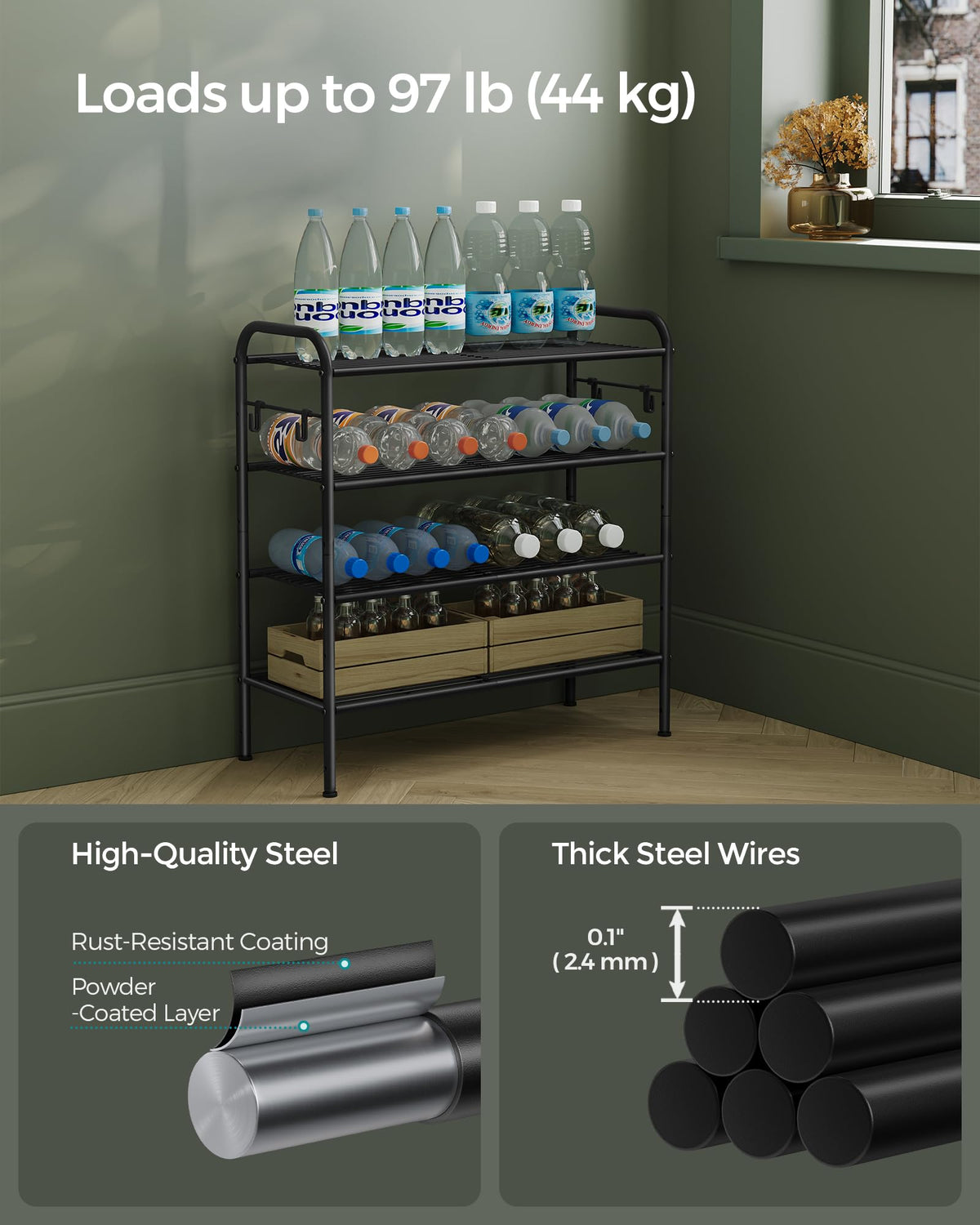 SONGMICS Shoe Rack, 4-Tier Shoe Organizer, Metal Shoe Shelf Storage with 4 Side Hooks, Holds 15