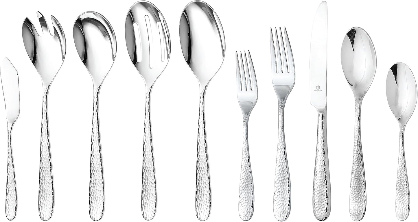 Hammered Silverware Set with Serving Utensils, 18/10 Stainless Steel Flatware for 8, Dishwasher