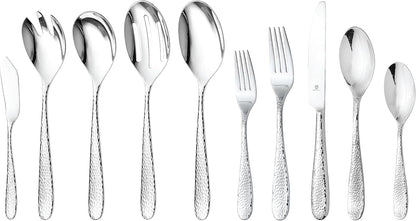 Hammered Silverware Set with Serving Utensils, 18/10 Stainless Steel Flatware for 8, Dishwasher