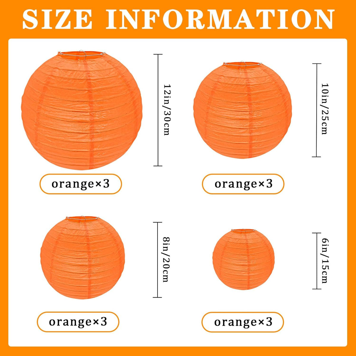 12Pcs Round Paper Lanterns Assorted Sizes (6" 8" 10" 12") for Home Decor, Restaurant, Church