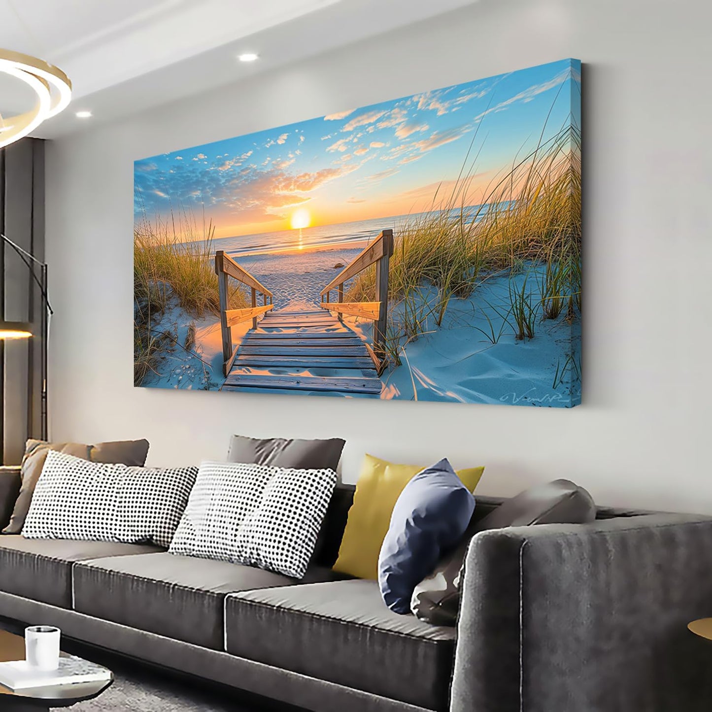 LASMOND Beautiful White Sandy Beach Pier by Seaside at Sunset Landscape Wall Art Decor Artwork for