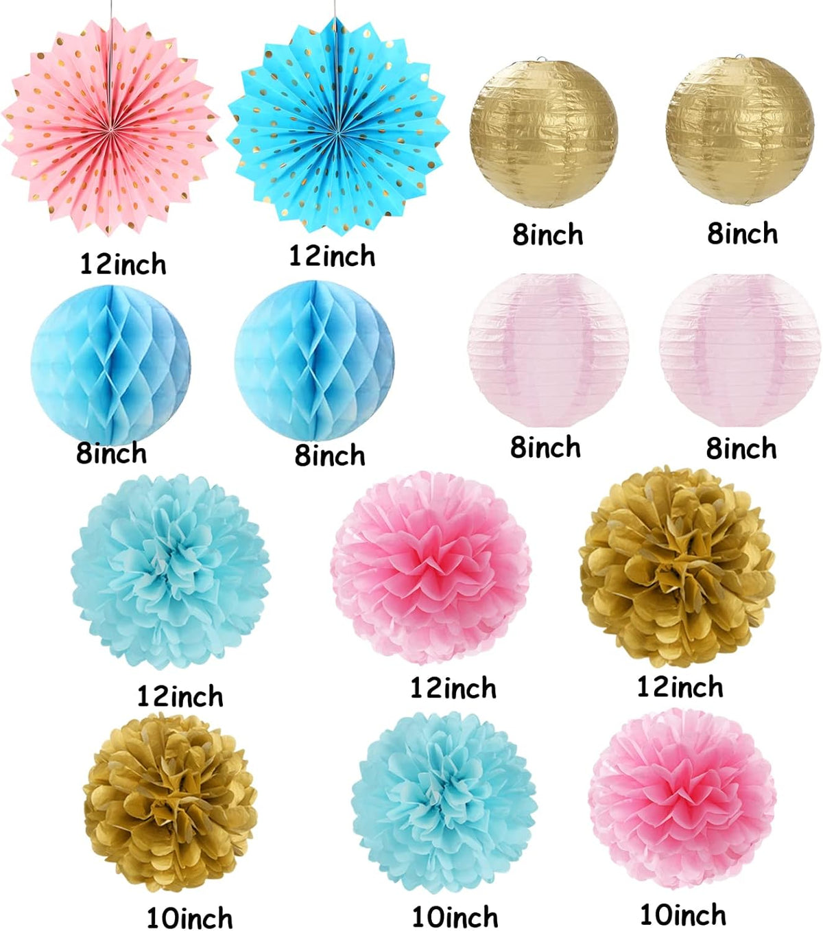 Pink Blue-Gold Party-Decorations Streamers Lanterns - 14pcs Gender Reveal Boy or Girl Birthday