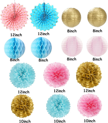 Pink Blue-Gold Party-Decorations Streamers Lanterns - 14pcs Gender Reveal Boy or Girl Birthday